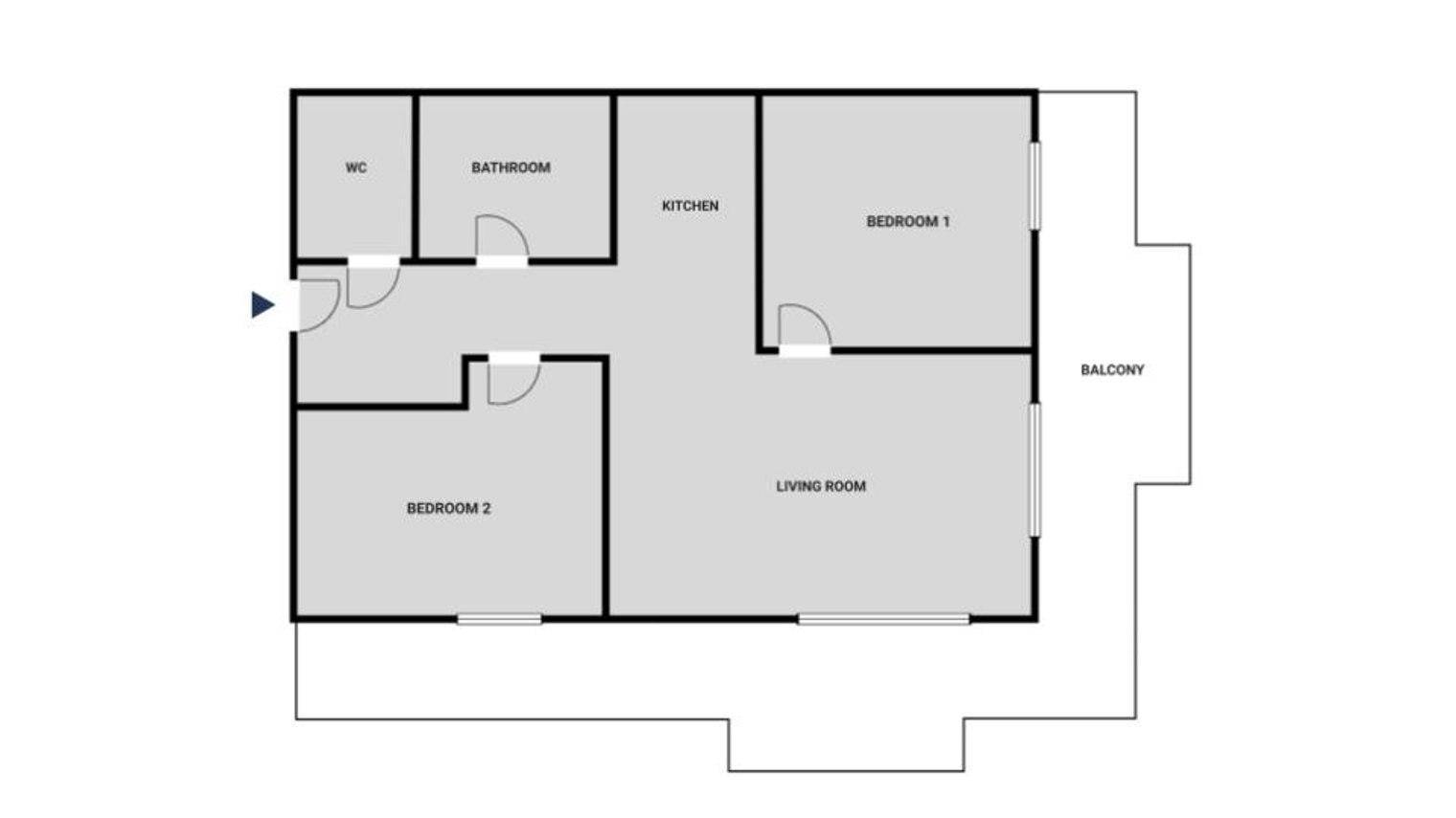 Grundriss der Wohnung mit zwei Schlafzimmern, Wohnzimmer, Küche und Balkon.