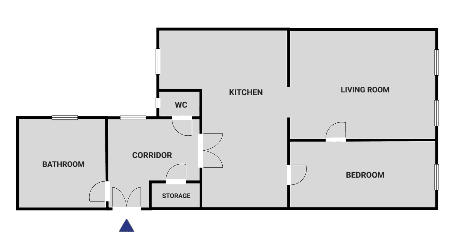 Grundriss der Wohnung mit Aufteilung in Wohnzimmer, Schlafzimmer, Küche und Bad.