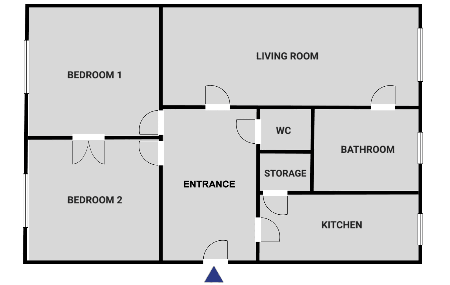 Grundriss der Wohnung mit zwei Schlafzimmern, Wohnzimmer, Küche und Bad.