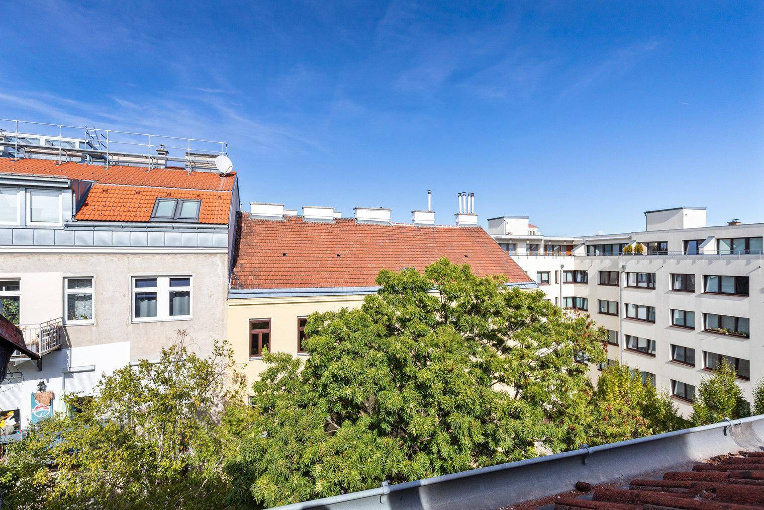 Blick auf die umliegenden Gebäude und grüne Bäume unter blauem Himmel.