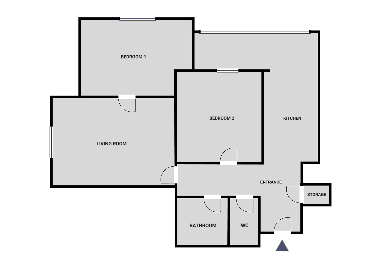Grundriss der Wohnung mit zwei Schlafzimmern, Wohnzimmer, Küche und Bad.