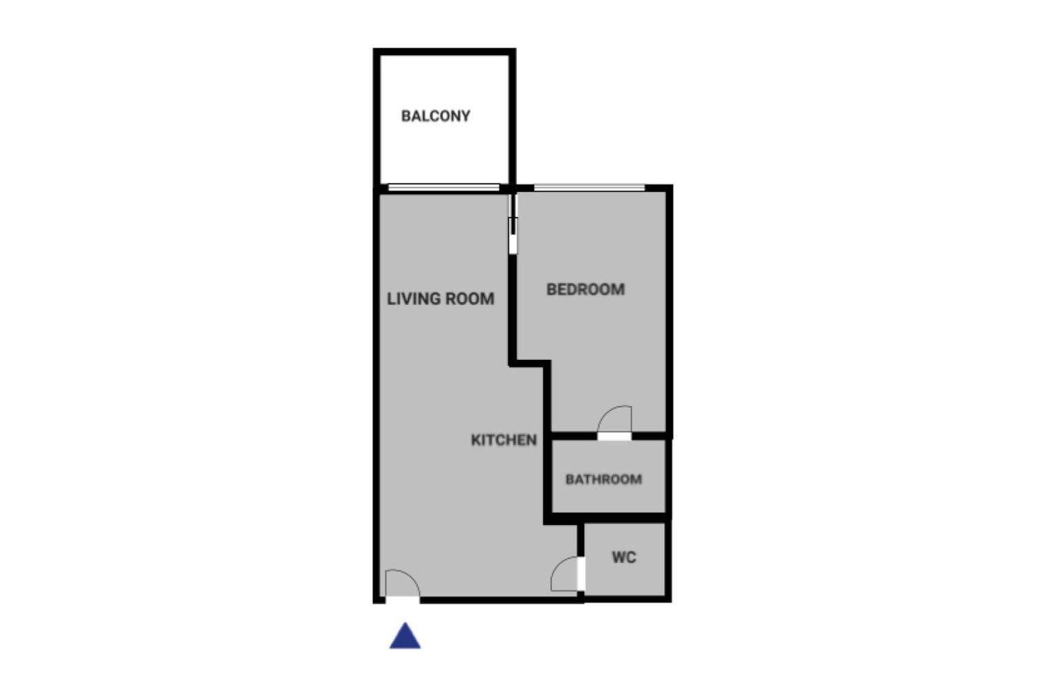 Grundriss der Wohnung mit Wohnzimmer, Schlafzimmer, Küche, Bad und Balkon.