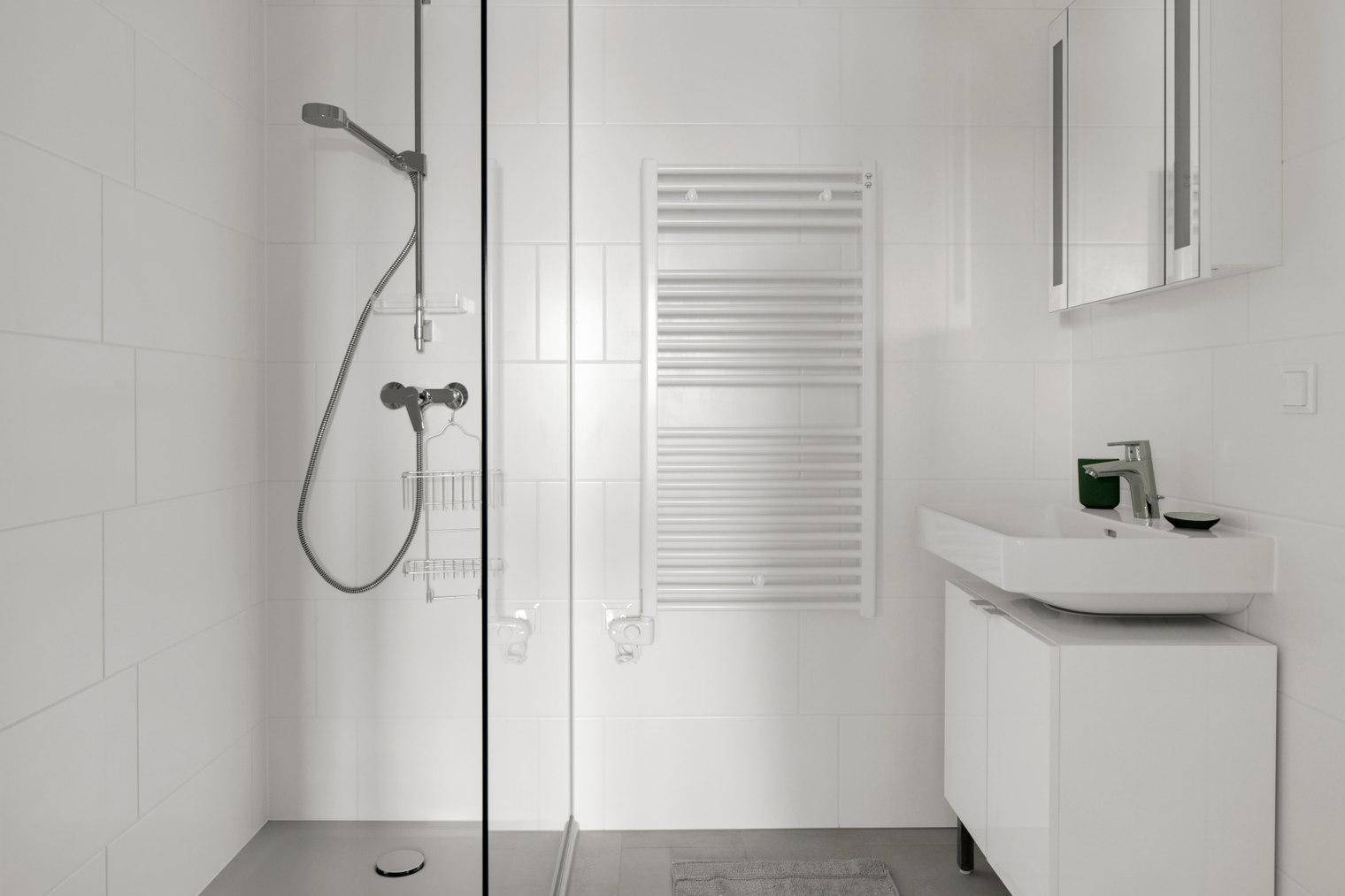 Modernes Badezimmer mit ebenerdiger Dusche, Waschbecken und beheiztem Handtuchhalter.