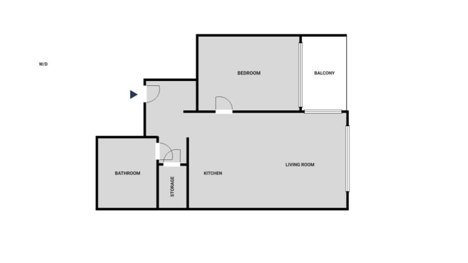 Grundrissplan einer Wohnung mit Bad, Abstellraum, Küche, Wohnzimmer, Schlafzimmer und Balkon.