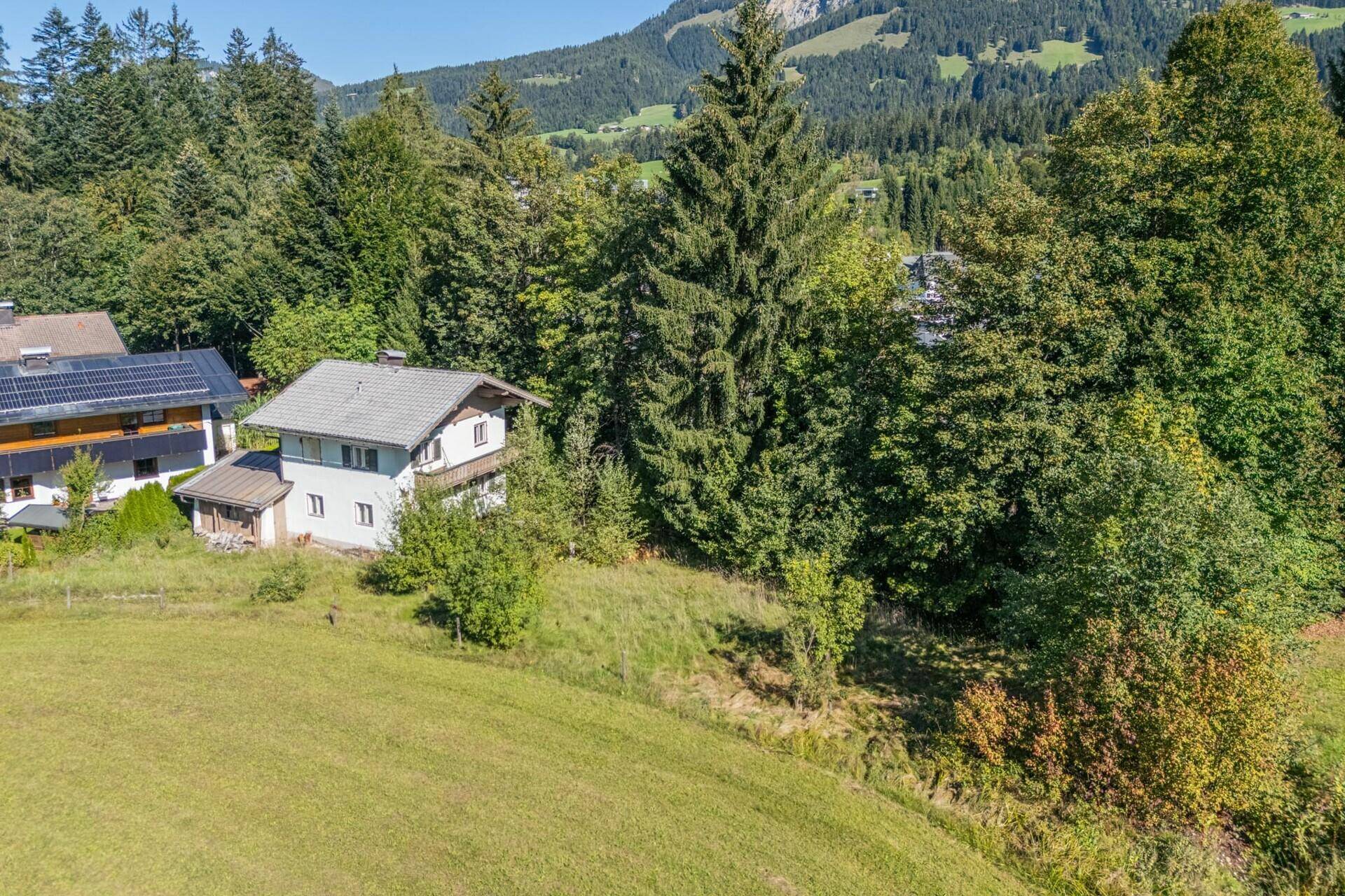 Ruhig gelegenes Einfamilienhaus umgeben von üppiger Natur und hohen Bäumen mit Bergblick.