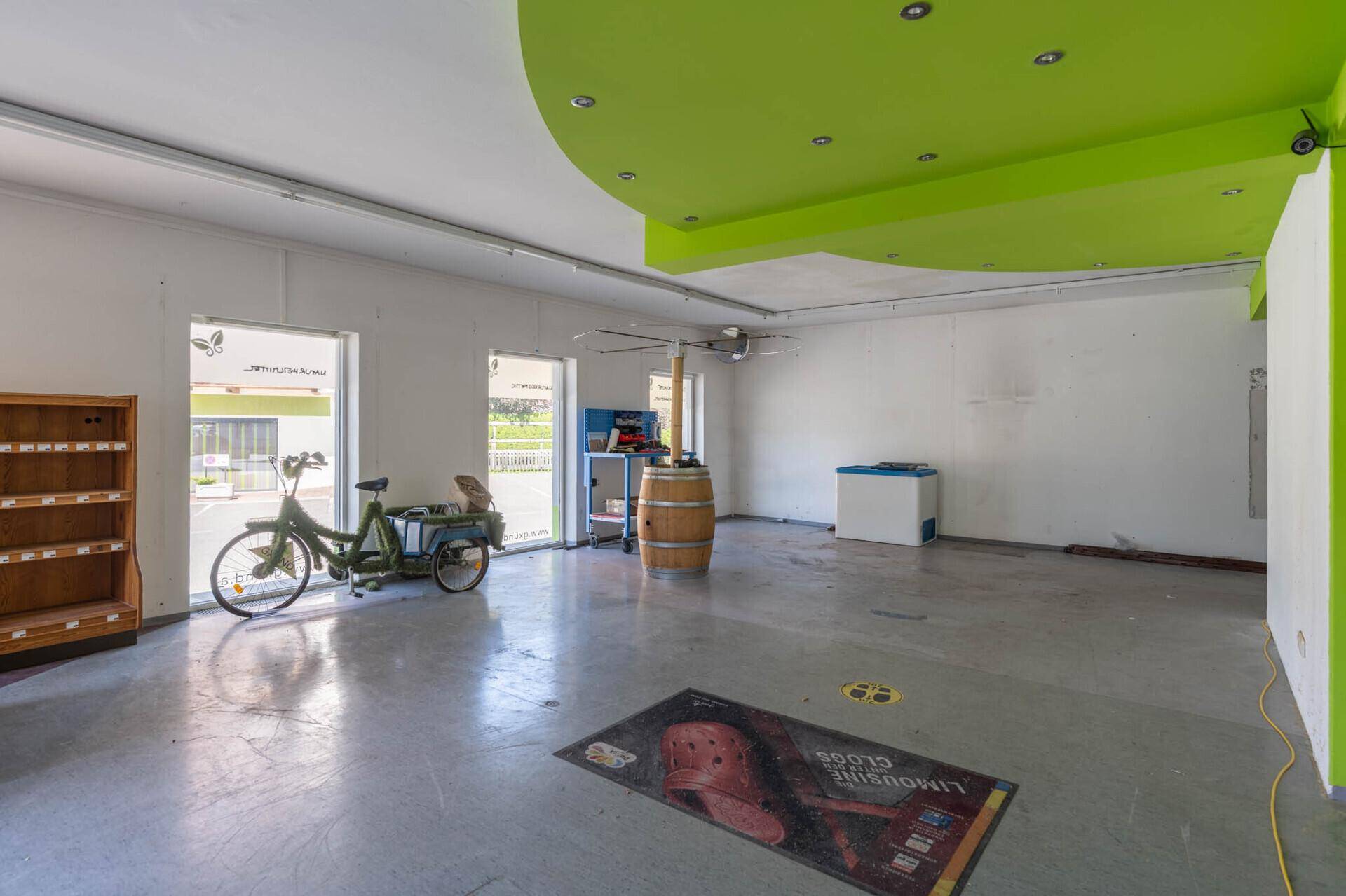 Heller Ladenbereich mit grüner Decke, großen Schaufenstern und einem Betonboden, ideal für ein Geschäft.