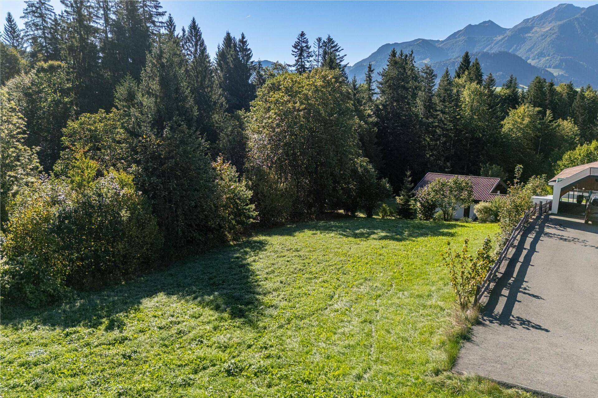 Weitläufige Rasenfläche umgeben von hohen Bäumen mit Blick auf die Berge im Hintergrund.