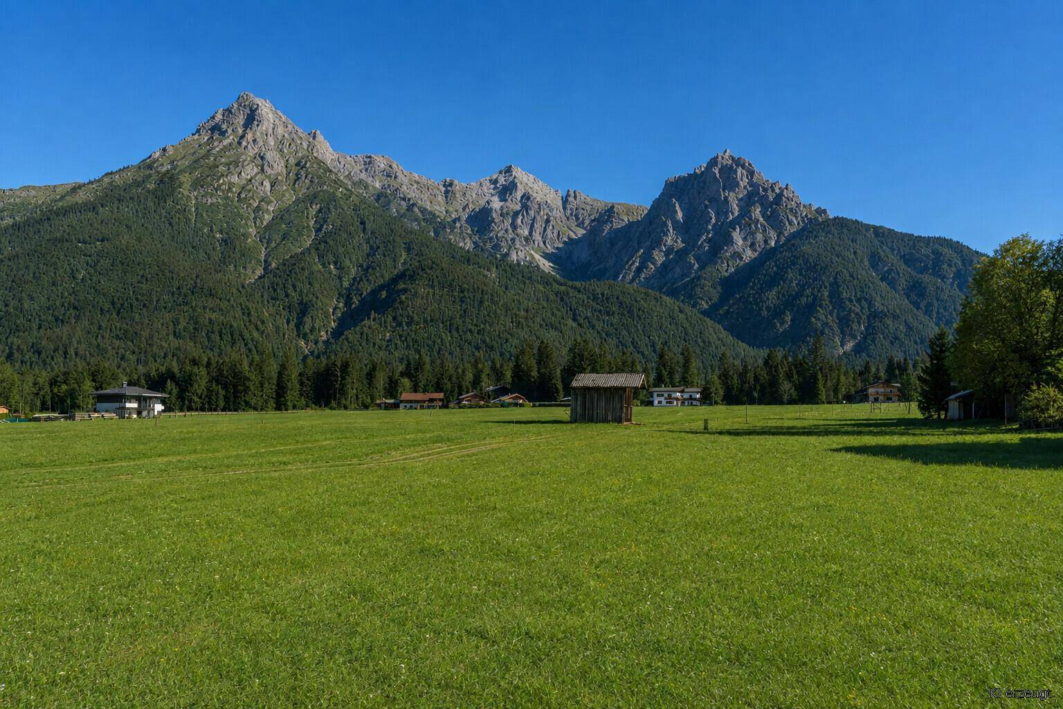 Weitläufige grüne Wiese mit einem kleinen Holzschuppen und imposanten Bergen im Hintergrund unter klarem Himmel.