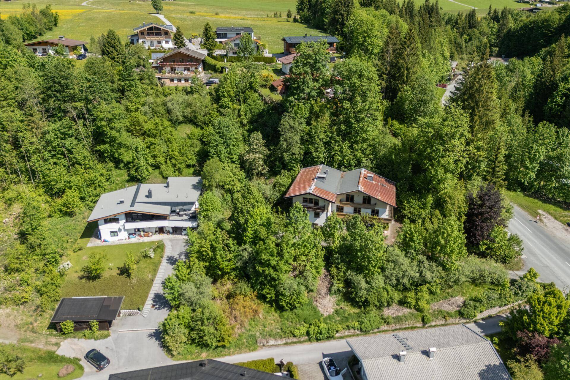 Nahaufnahme von Wohnhäusern in einer idyllischen Bergregion, umgeben von dichten Wäldern und grünen Wiesen.