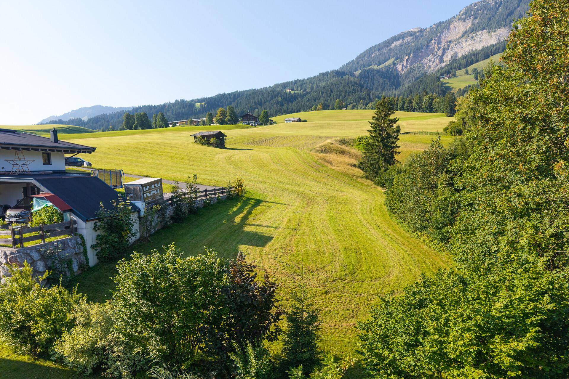 Weitläufiger Blick über grüne Felder und Täler mit majestätischen Bergen am Horizont.
