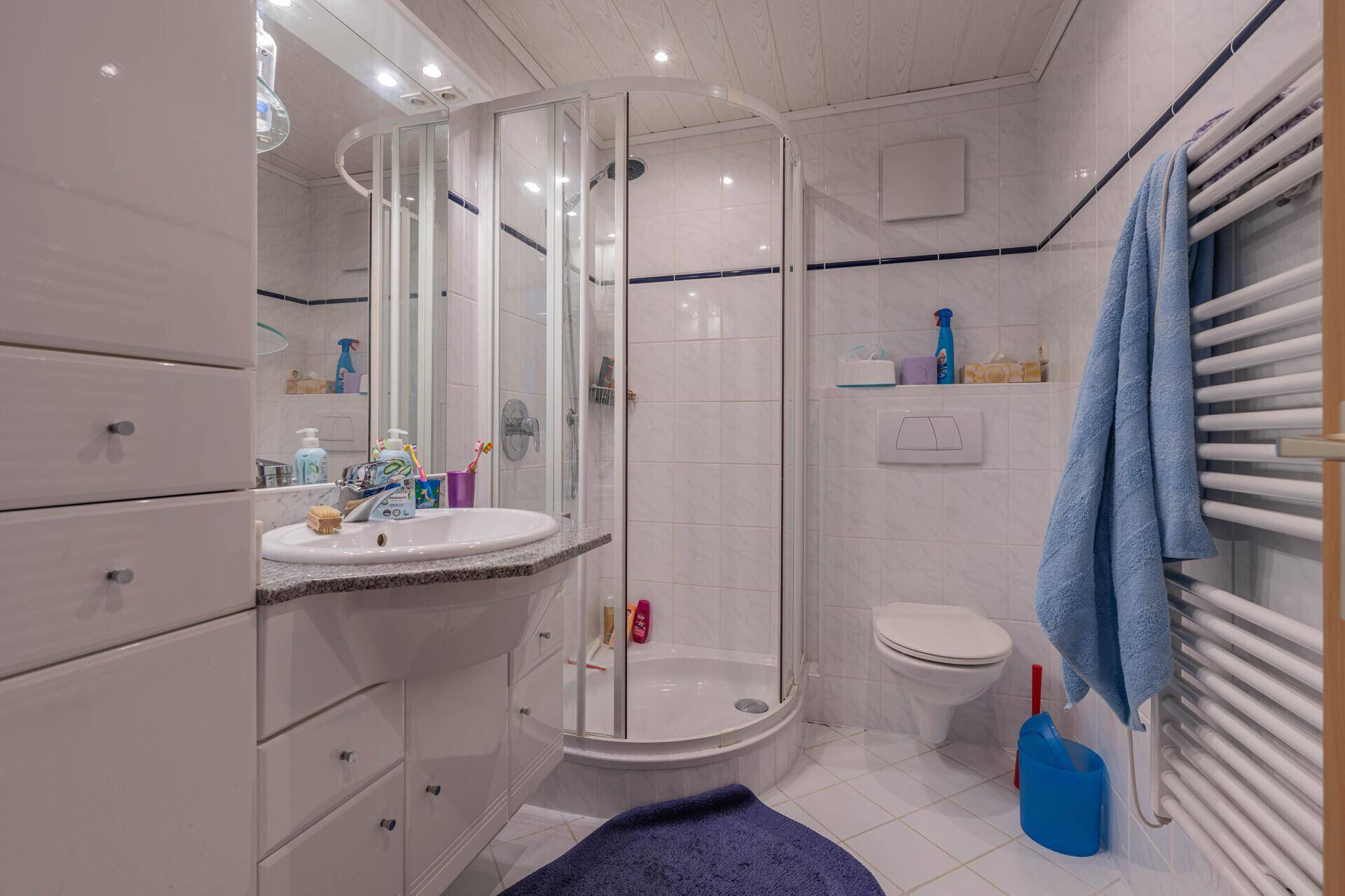 Funktionales Badezimmer mit Duschkabine, Waschbecken und beheiztem Handtuchhalter.