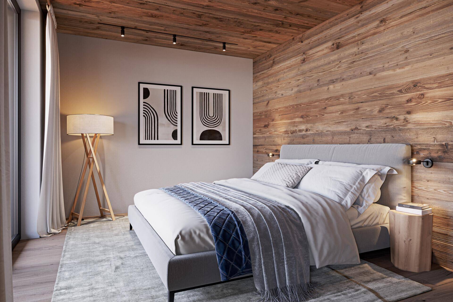 Modernes Schlafzimmer mit Holzwand und -decke, einem bequemen Bett und stilvoller Beleuchtung.