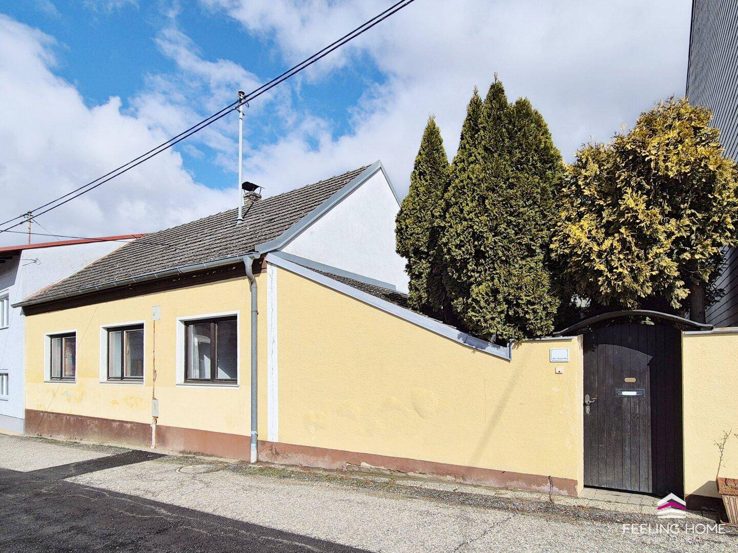 Fassade eines gelben Hauses mit einem dunklen Holztor und Bäumen an der Straße.