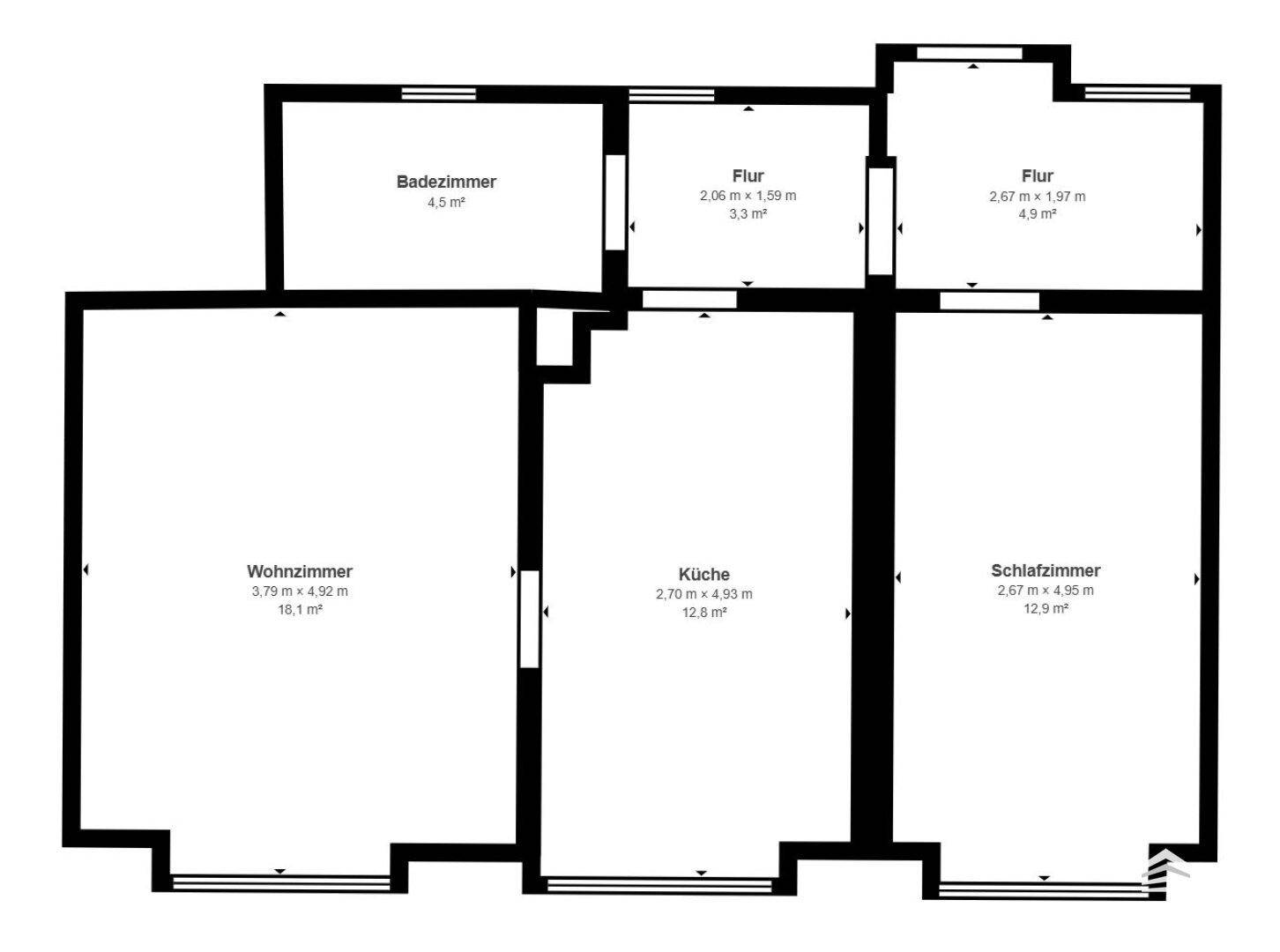 Grundriss zeigt die funktionale Aufteilung der Räume mit Wohnzimmer, Küche und Schlafzimmer.