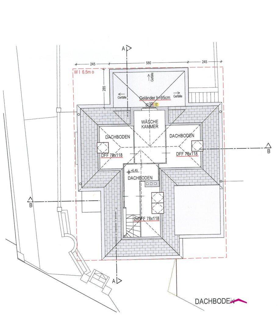 Grundriss des Dachgeschosses mit Dachbodenflächen und einer Waschkammer.