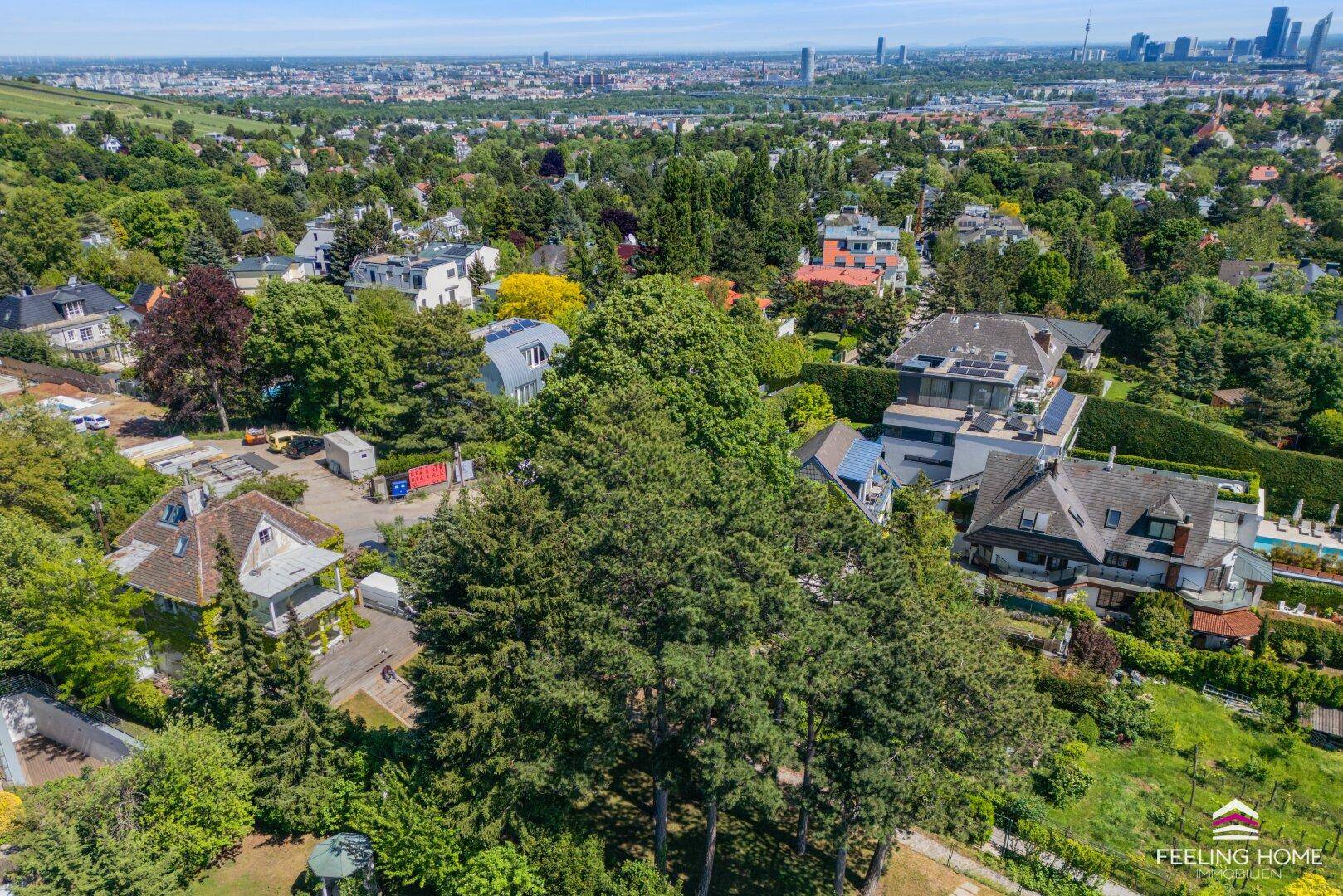 Panoramablick über eine grüne Wohngegend mit Villen und Stadtkulisse im Hintergrund.