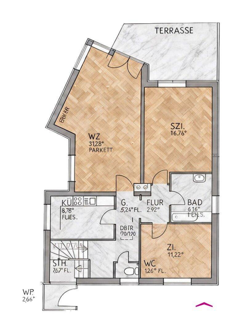 Grundriss des Erdgeschosses mit Wohnzimmer, Schlafzimmer und Terrasse.