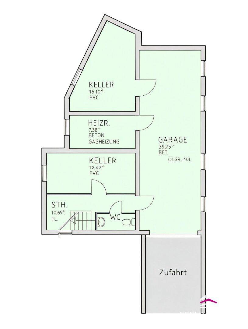 Grundriss des Untergeschosses mit Keller, Heizraum und Garage.