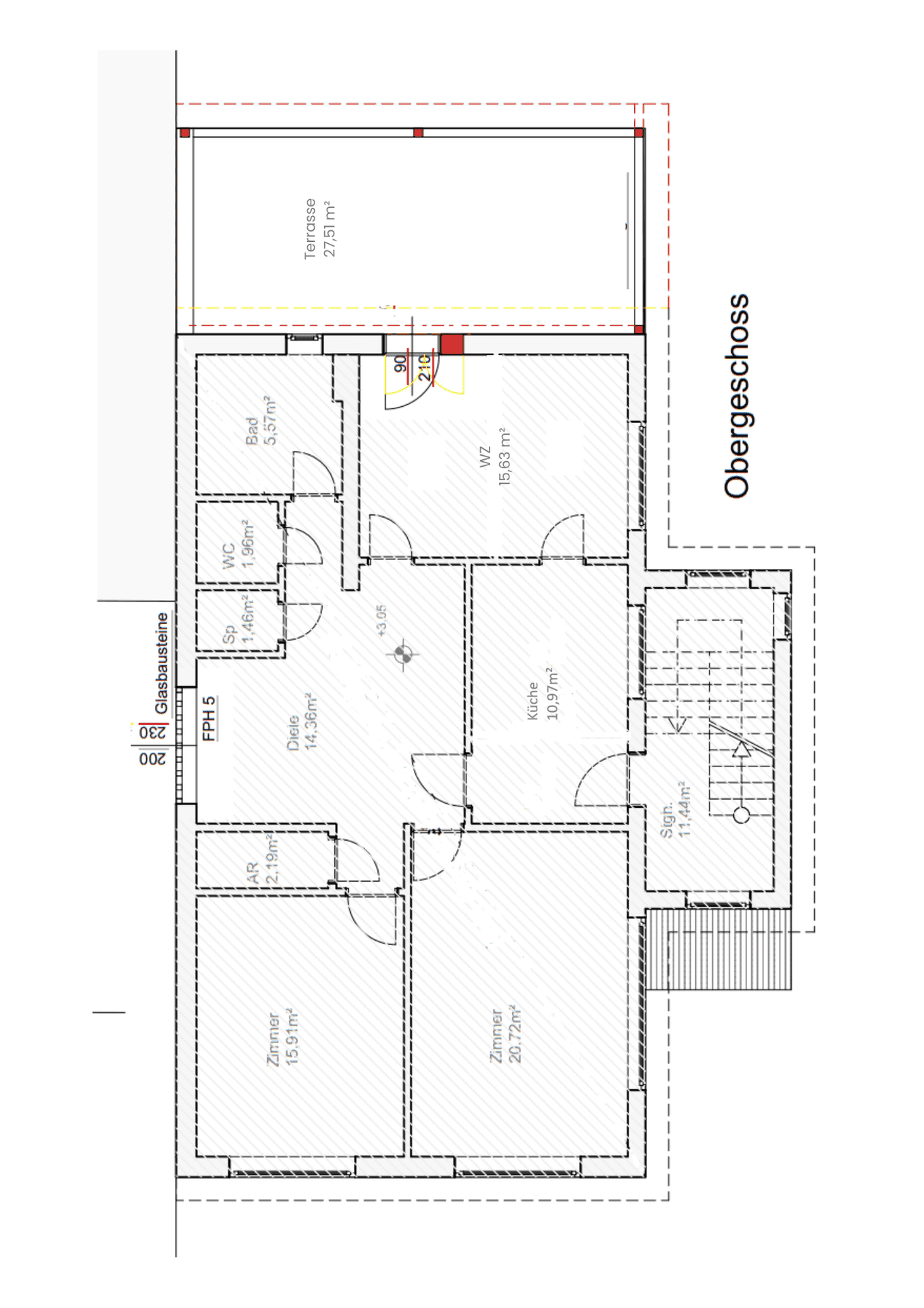 Grundriss des Obergeschosses mit mehreren Zimmern, Bad, WC und einer großen Terrasse.