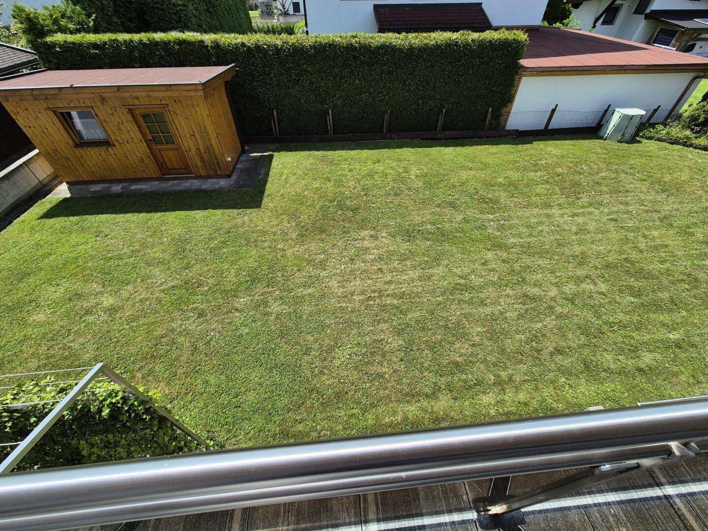 Blick auf Garten mit Gartenhütte
