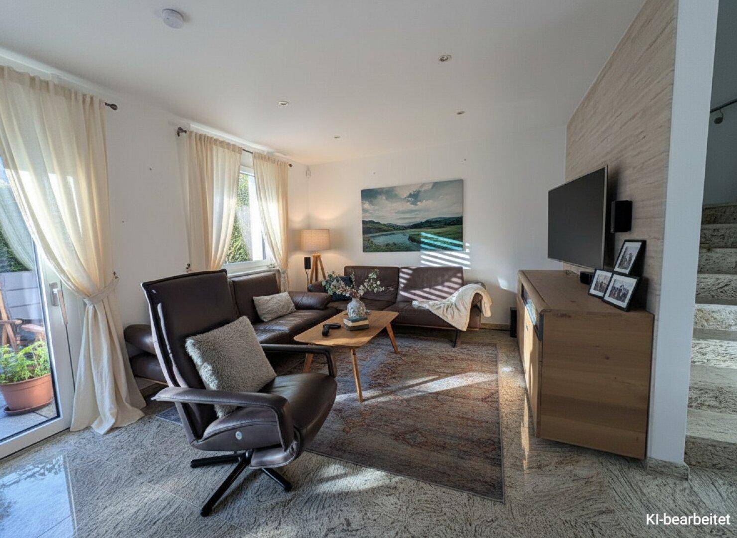 Gemütliches Wohnzimmer mit bequemen Sofas, Teppich und Zugang zu einem kleinen Balkon.