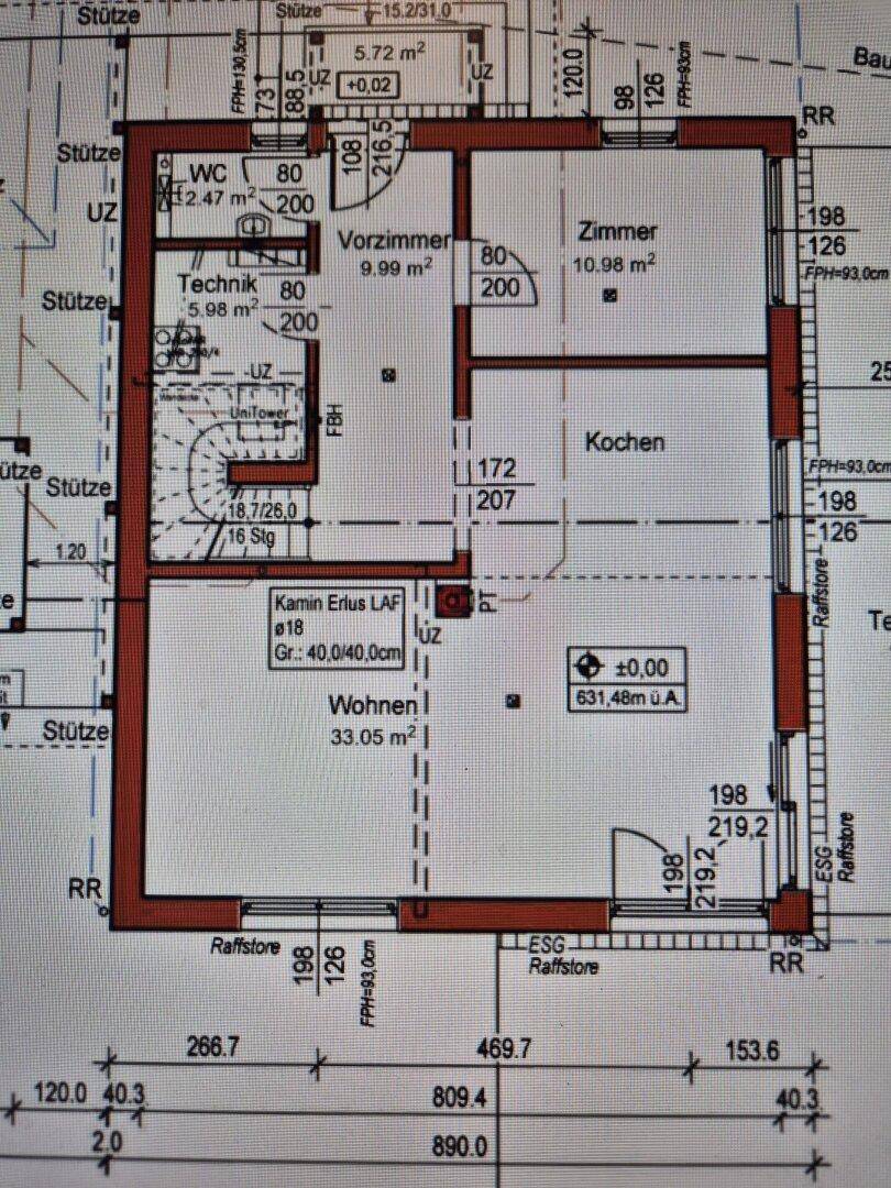 Grundriss des Erdgeschosses mit Wohnzimmer, Küche, Technikraum und WC.
