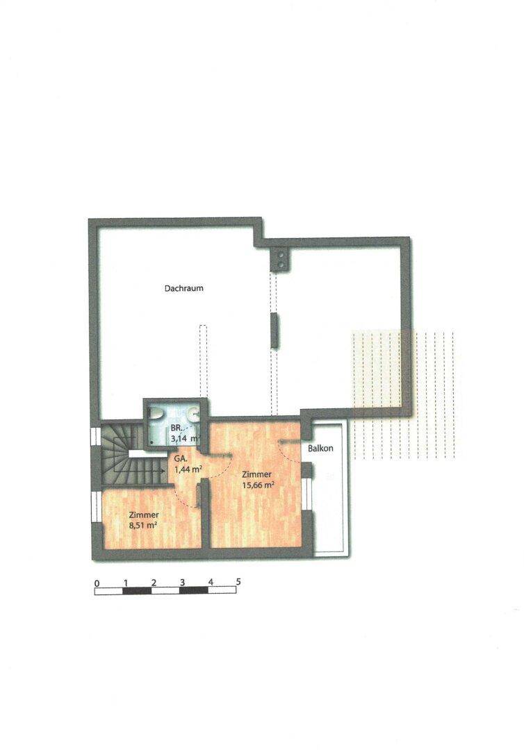 Grundriss des Dachgeschosses mit Zimmern, Bad und Balkon.