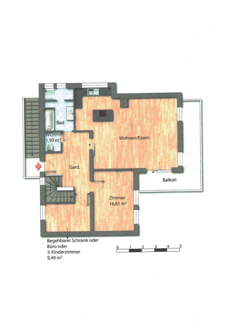 Grundriss des Obergeschosses mit Wohn-/Essbereich, Bad und Balkon.