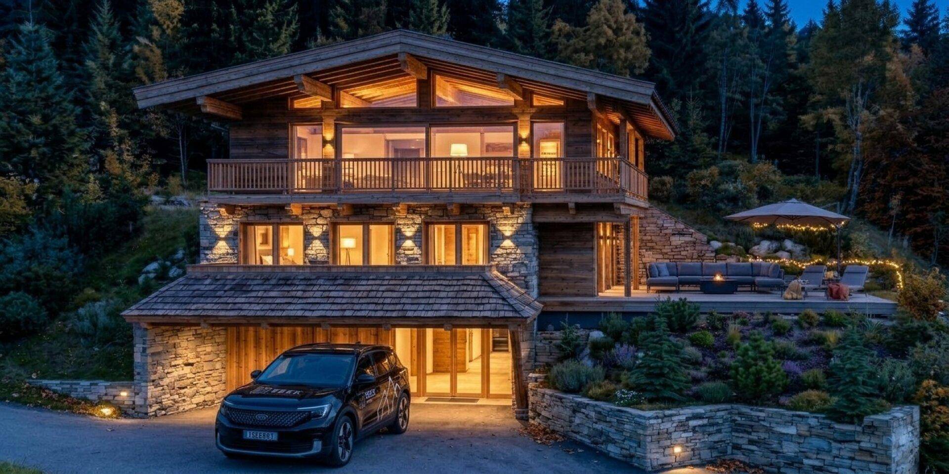 Beleuchtetes Luxus-Chalet bei Abenddämmerung mit einladender Terrasse und Bergblick.