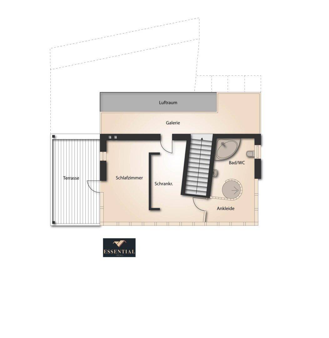 Grundriss des Obergeschosses mit Schlafzimmer, Bad und Terrasse.