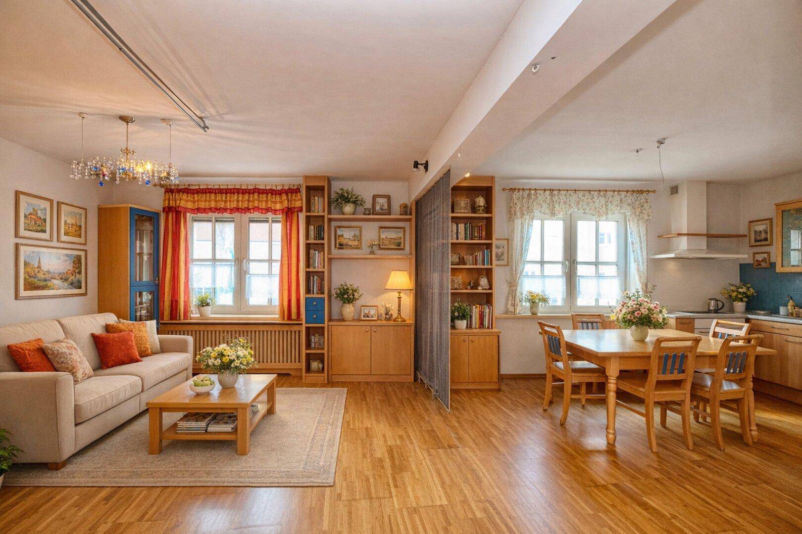 Gemütlicher Wohn-Essbereich mit Holzboden, Bücherregalen und einer integrierten Küchenzeile.