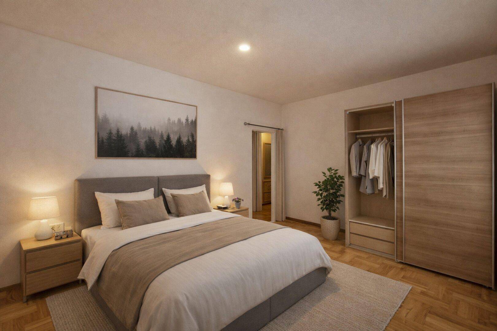 Modern eingerichtetes Schlafzimmer mit Doppelbett, Holzboden und offenem Kleiderschrank.