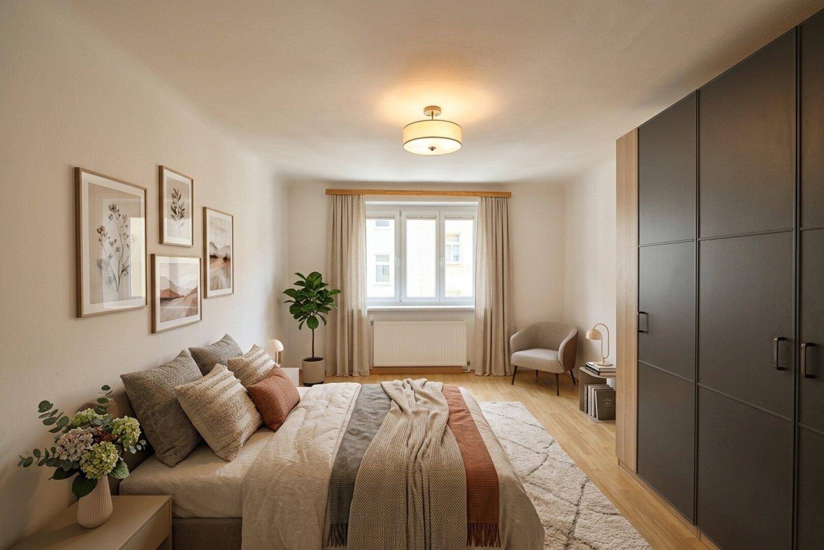 Gemütliches Schlafzimmer mit großem Bett, Holzboden und geräumigem Kleiderschrank.