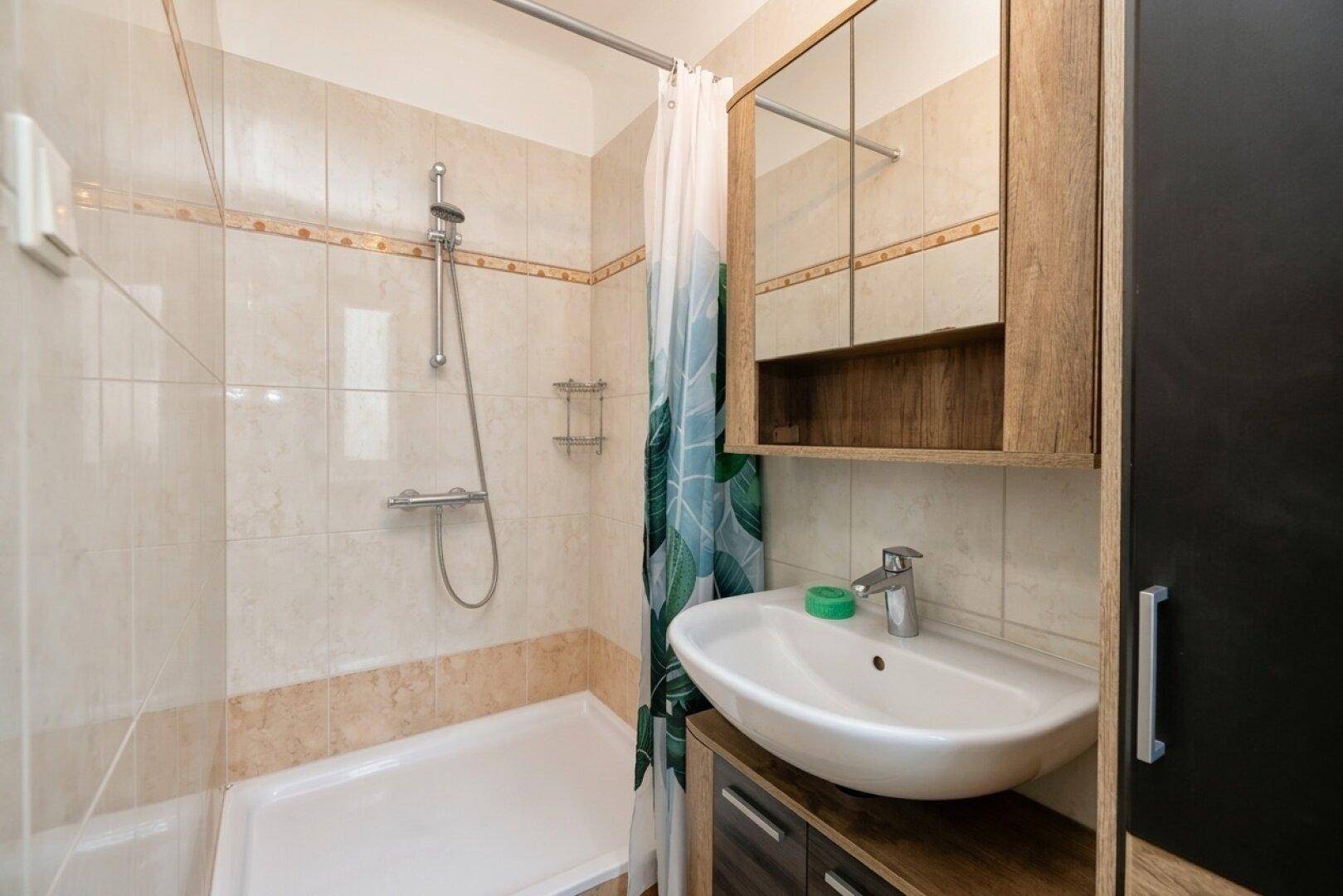 Kleines Badezimmer mit Dusche, Waschbecken und Spiegelschrank.