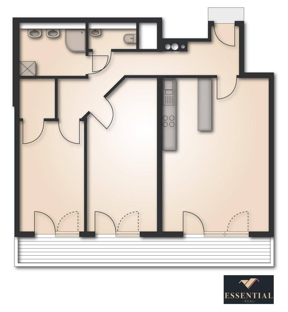 Grundriss einer Wohnung mit zwei Schlafzimmern, Bad und Balkon.