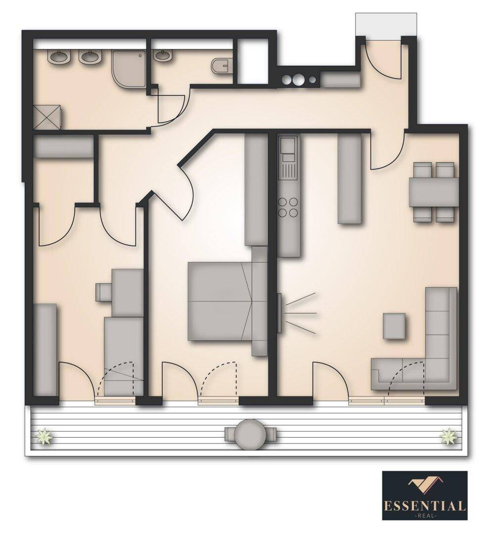 Detaillierter Grundriss einer modernen Wohnung mit offenem Wohnbereich, zwei Bädern und großem Balkon.