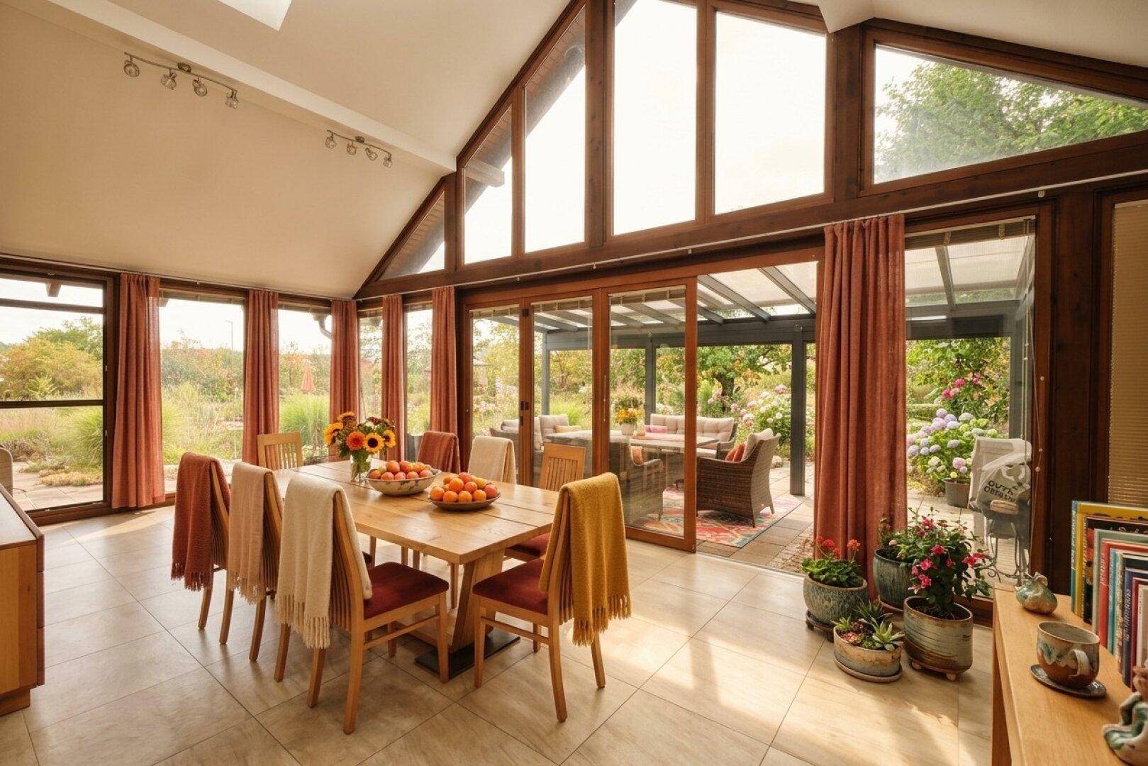 Heller Essbereich mit hohen Decken, großen Fenstern und Zugang zur überdachten Terrasse.