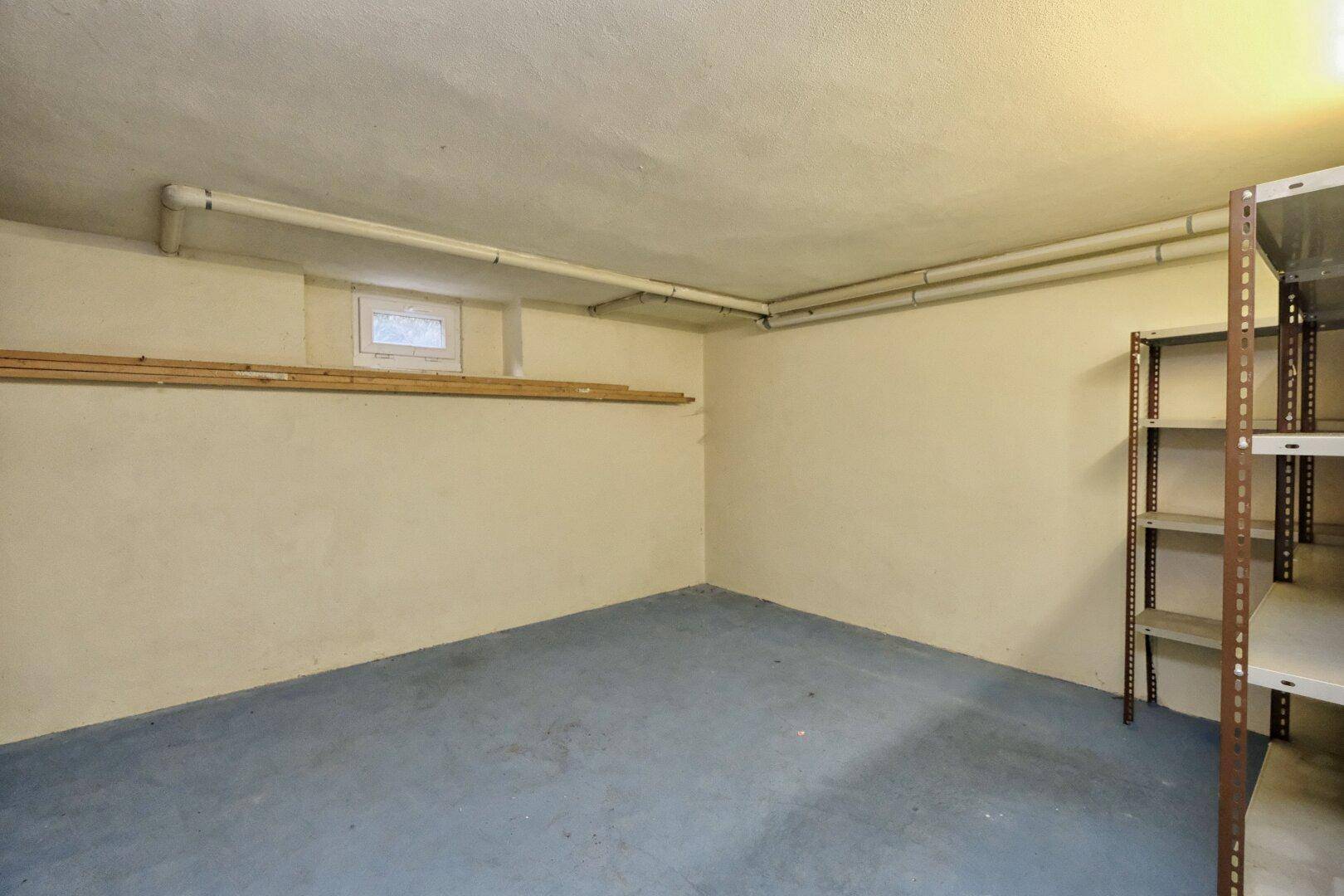 Kellerraum mit Regalen für Lagerung, Betonboden und einem kleinen Fenster.