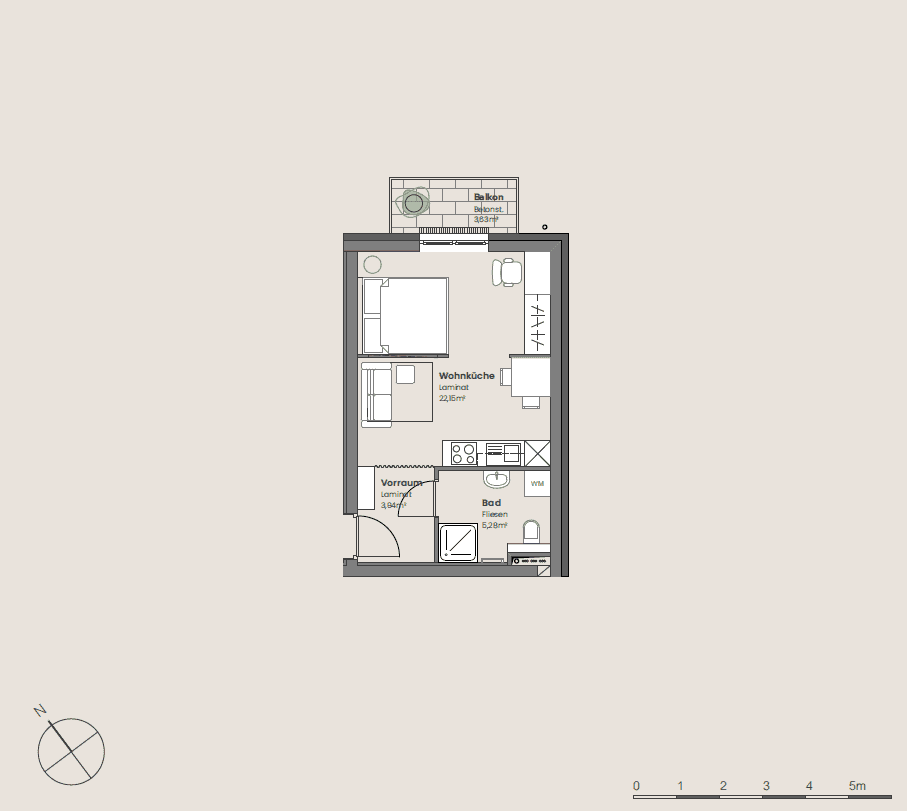 Grundriss einer kompakten Wohnung mit offener Wohnküche, Bad und Balkon, ideal für Singles oder Paare.