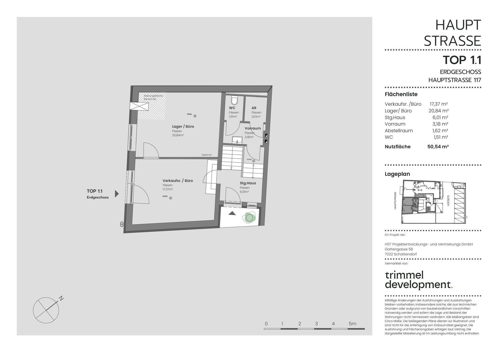 Grundriss für TOP 1.1 im Erdgeschoss mit verschiedenen Räumen, darunter WC und Lager-/Büroflächen.