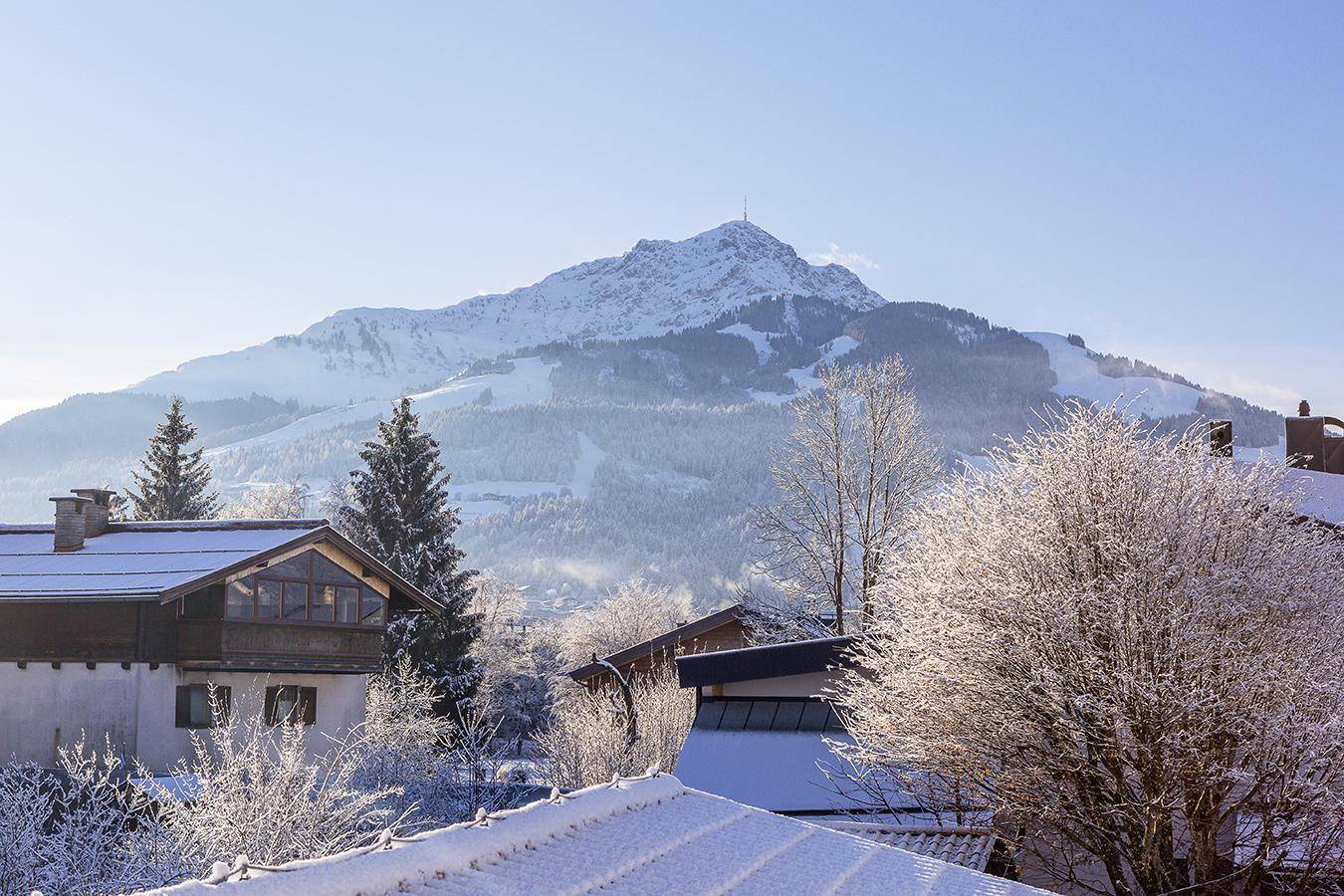 Winterlandschaft mit schneebedeckten Häusern und einem majestätischen Berg im Hintergrund.