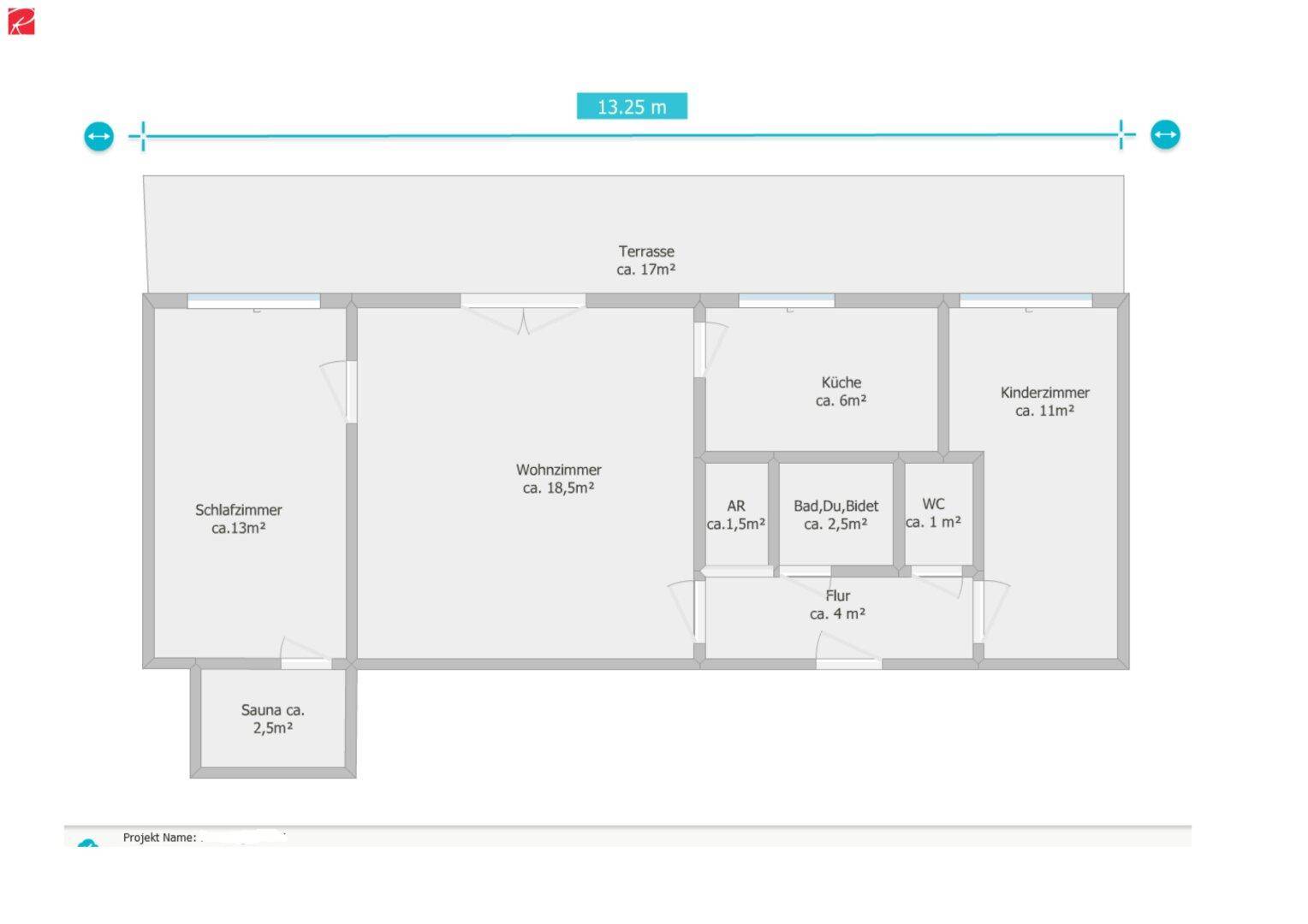 Grundriss einer Wohnung mit Terrasse, Sauna und mehreren Zimmern.