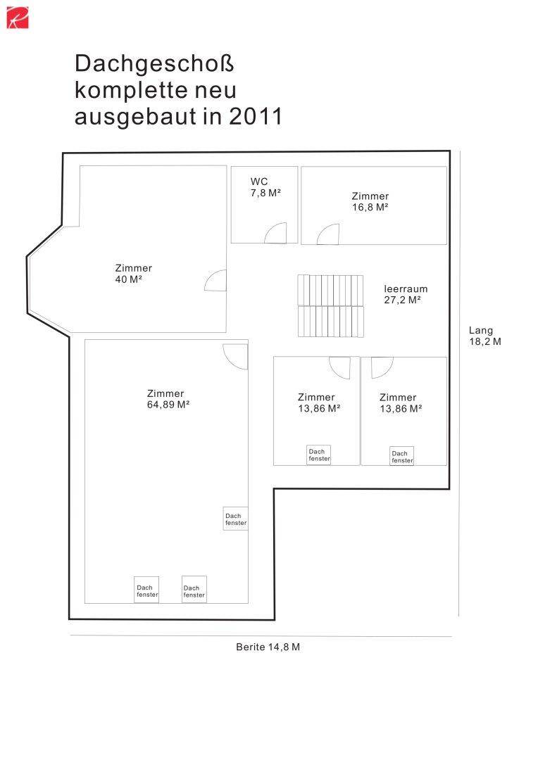 Grundriss des ausgebauten Dachgeschosses mit Zimmern und Dachfenstern.