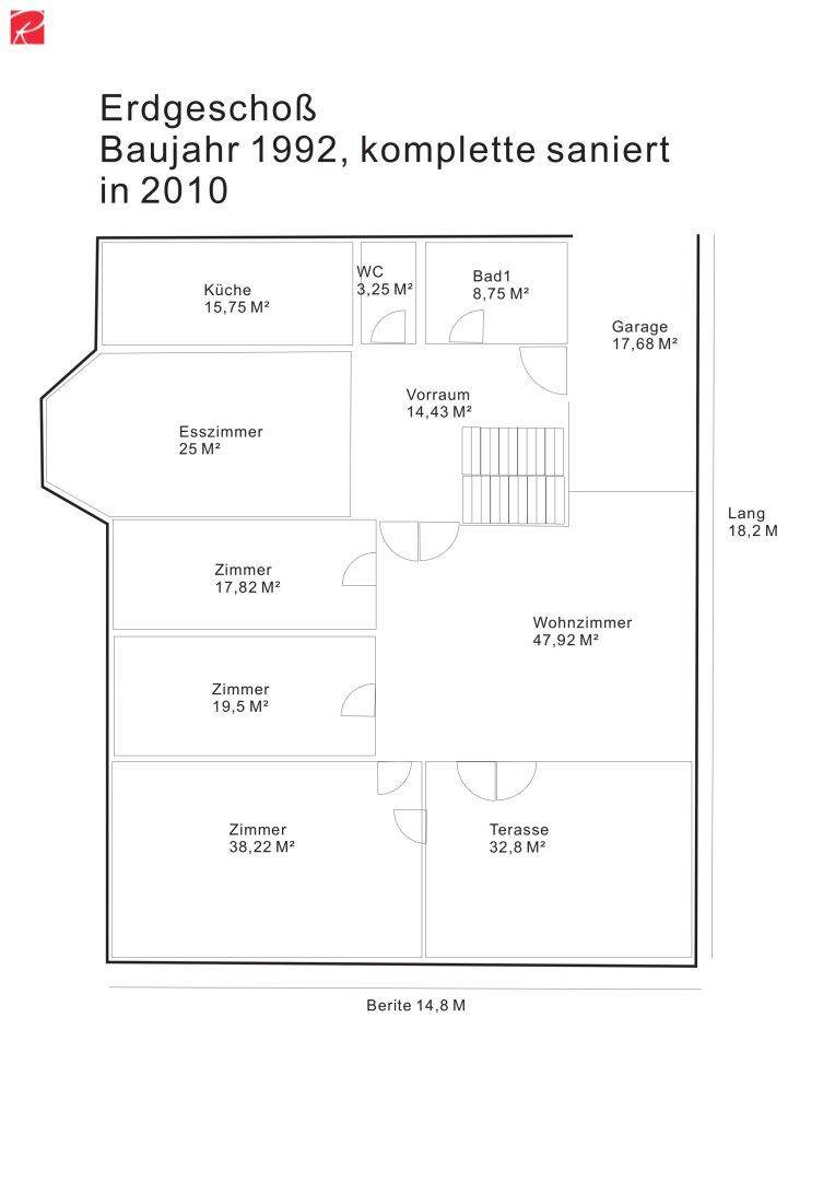 Grundriss des Erdgeschosses mit Küche, Wohnzimmer, Esszimmer und Terrasse.