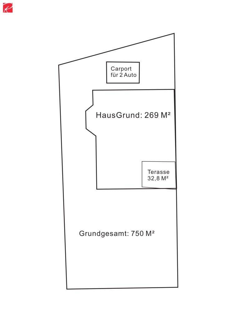 Übersichtsplan des Grundstücks mit Hausgrundfläche, Terrasse und Carport.