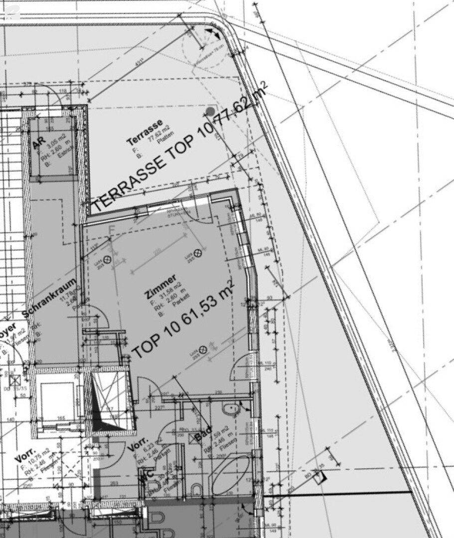 Detaillierter Grundriss einer Wohnung mit großer Terrasse, Schlafzimmer, Bad und begehbarem Kleiderschrank.