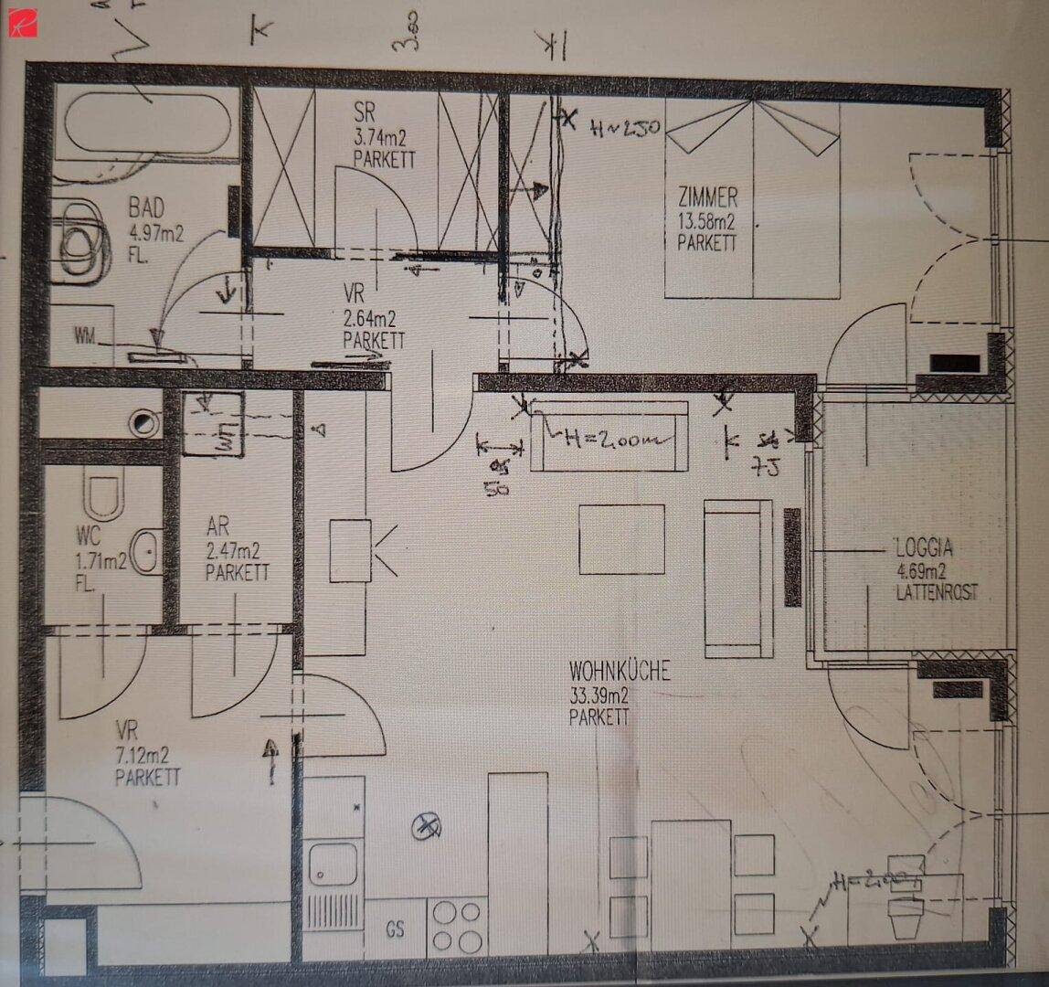 Grundriss einer Wohnung mit Wohnküche, Schlafzimmer, Bad, WC und Loggia.