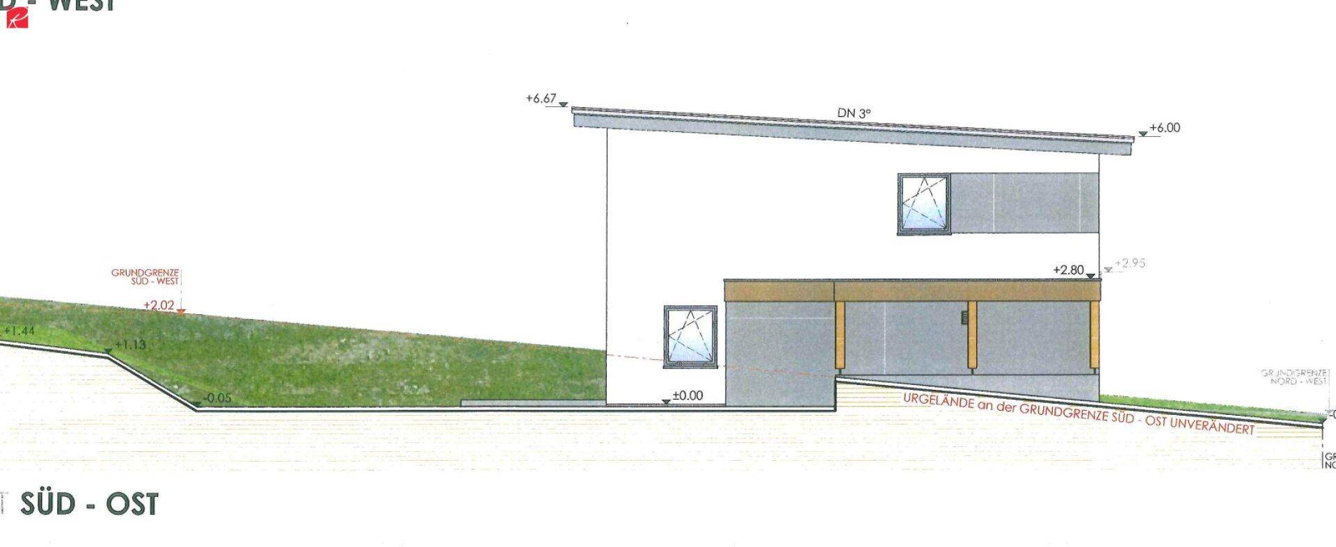Architektonische Süd-Ost-Ansicht der Doppelhaushälfte mit geneigtem Gelände.