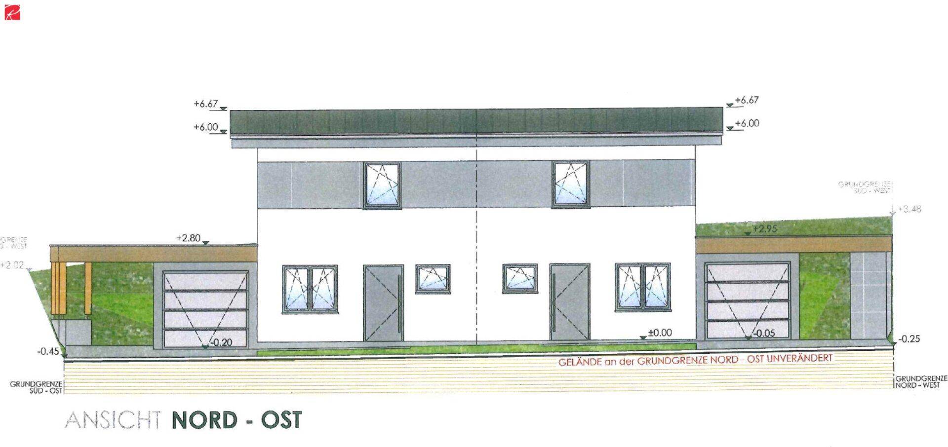 Architektonische Nord-Ost-Ansicht der Doppelhaushälfte mit Garage und Carport.