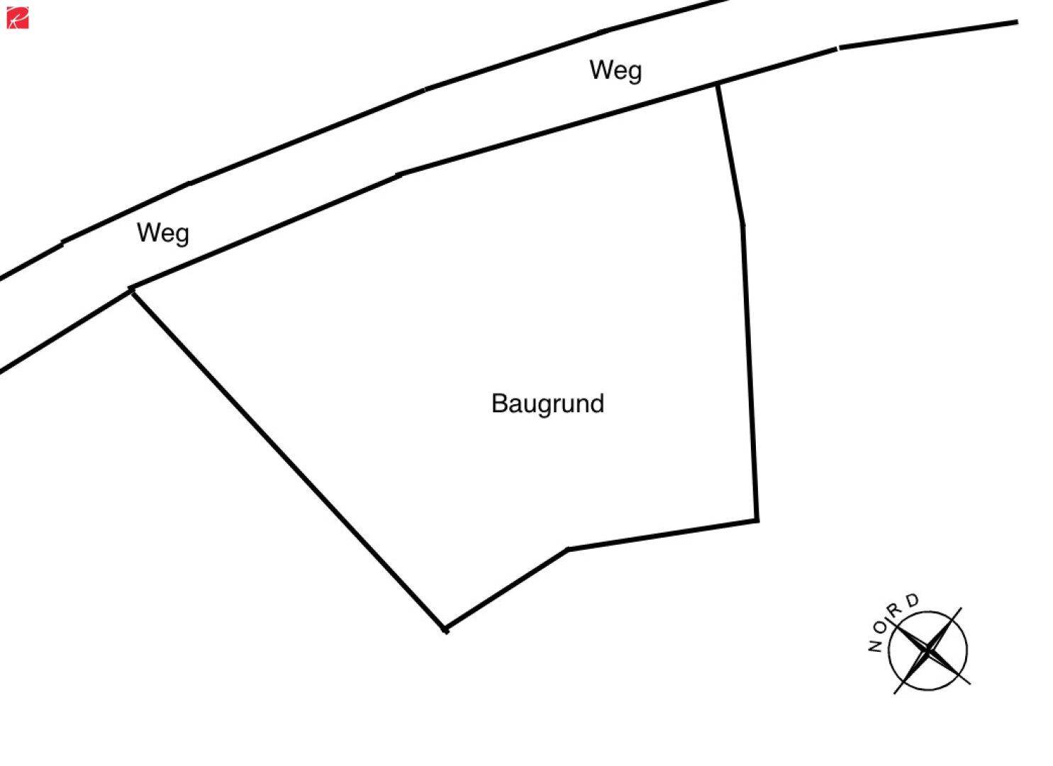 Übersichtlicher Plan eines Baugrundstücks mit angrenzenden Wegen und Nordausrichtung.